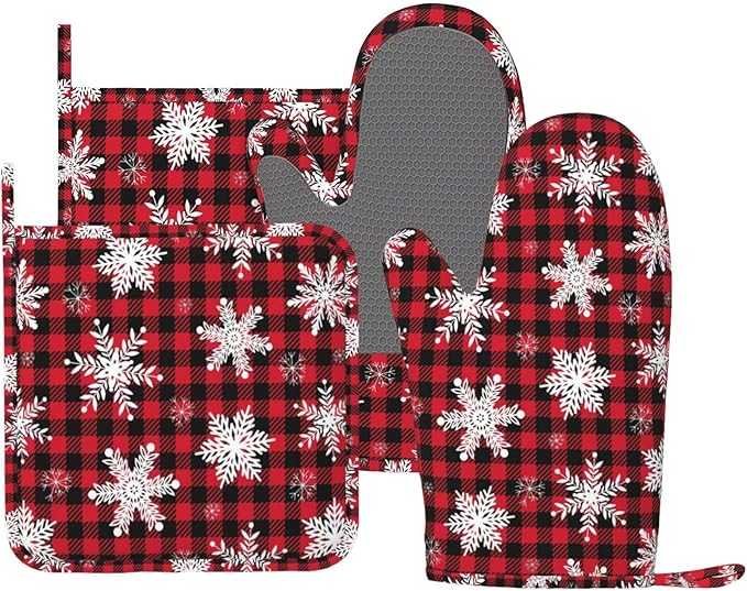 Red Black Buffalo Plaid Oven Mitts and Pot Holders Set, 4pcs Winter White Snowflakes Christmas Silicone Oven Glove for Kitchen Heat Resistant Oven Mitts and Potholders Non-Slip for Cooking