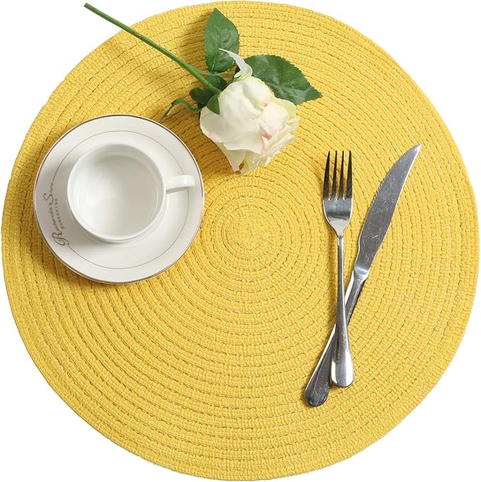 SHACOS Round Braided Placemats Set of 4 Washable Kitchen Table Place Mats Doilies Table Mats for Home Wedding Party Dining Table Decor (Yellow, 4)