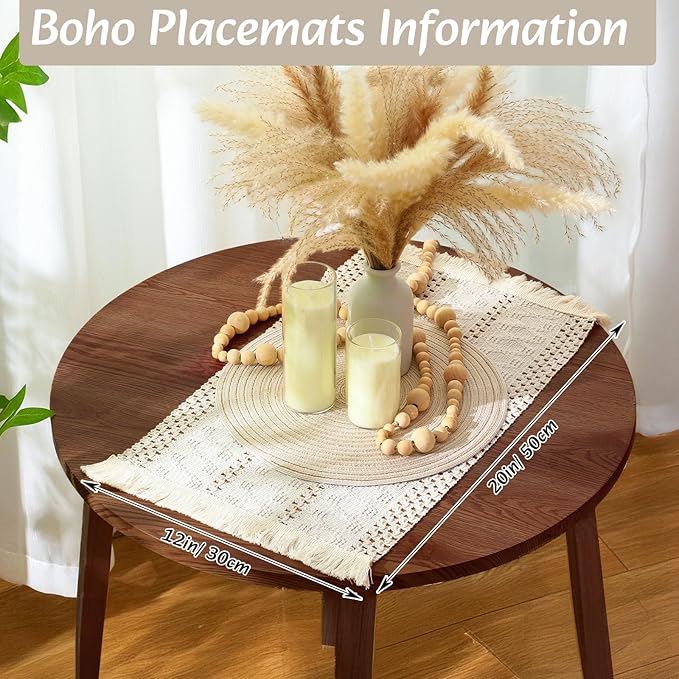 Boho Placemats 4/6/8 Set of Round Woven Placemat Macrame Style Bicolor Stitching Long Table Runner Farmhouse Rustic Natural Burlap Cotton for Kitchen Dining Table(4 Sets,Beige,12x72)