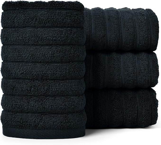Jacquotha 4-Pack Bathroom Hand Towels (Black) Ribbed – Guest Room & Spa Premium Cotton Face Towels 13” x 29”, Soft and Quick Drying 470 GSM