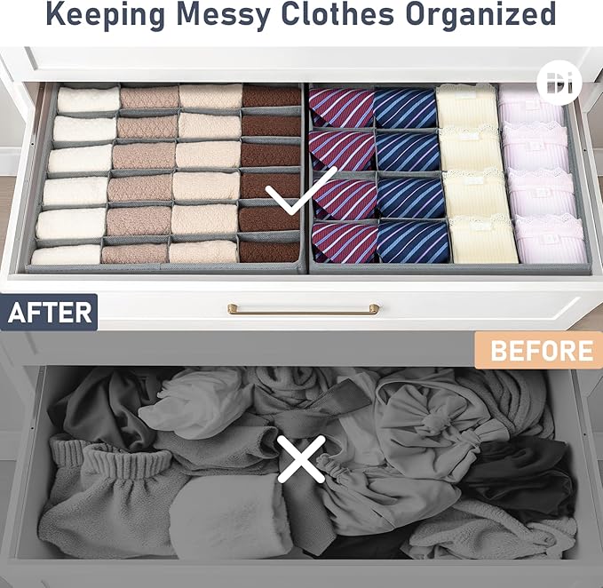 Joyoldelf Sock Drawer Organizer Divider 4 Packs Underwear Organizer, 2 x 24 Cell + 2 x 16 Cell Closet Organizers and Storage Sock Holders for Storing Socks, Handkerchiefs, Ties, Belts (Grey)