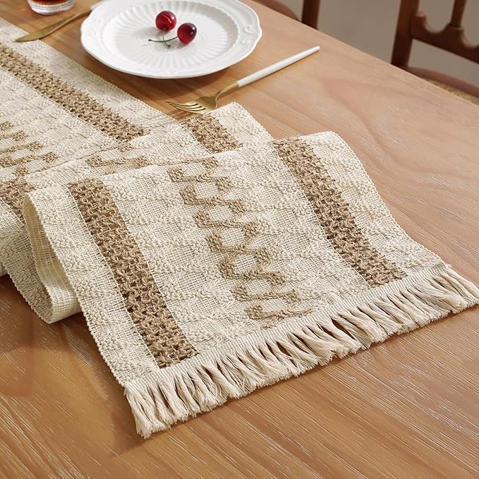 Niviy Boho Table Runner with Tassels 12 x 132 Inches Long, Cream & Brown Rustic Farmhouse Table Runner with Tassels for Home Kitchen Holiday Party and Wedding Decor Runner