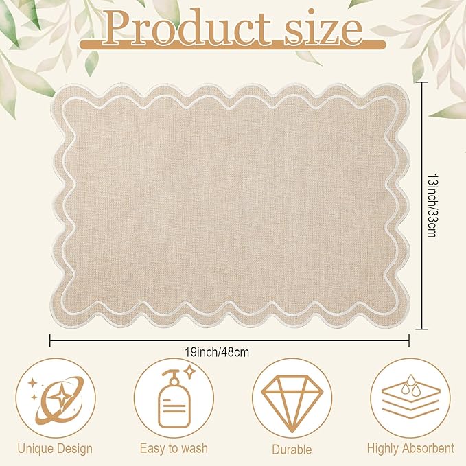 HunnmingRe Set of 6 Cotton Linen Placemats, 13x19 Inch Scalloped Wavy Embroidery Placemat Double Layered Washable Rustic Rectangle Dinner Table Mats for Wedding Home Decor(Beige with Creamy White)