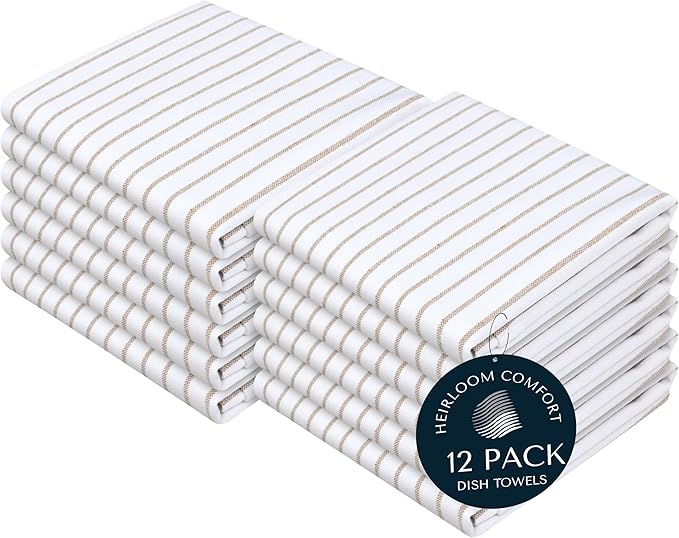Beige Stripe Kitchen Towels, 12 Pack, 100% Cotton, Super Absorbent and Quick Dry, Classic Striped Towel Set, Durable Dish Cloths for Kitchen Use, Cleaning & Drying Dishes