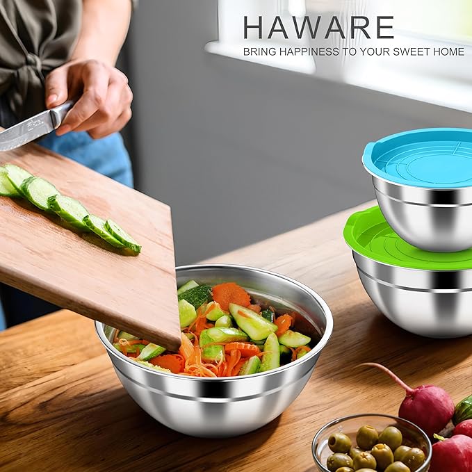 HaWare Mixing Bowls with Airtight Lids, 6-Piece Stainless Steel Salad Bowls, Strong Nesting Bowls for Cooking, Prepping, Baking, Serving & Food Storage, Stackable Design, Size 4.6, 3, 1.5QT, Colorful