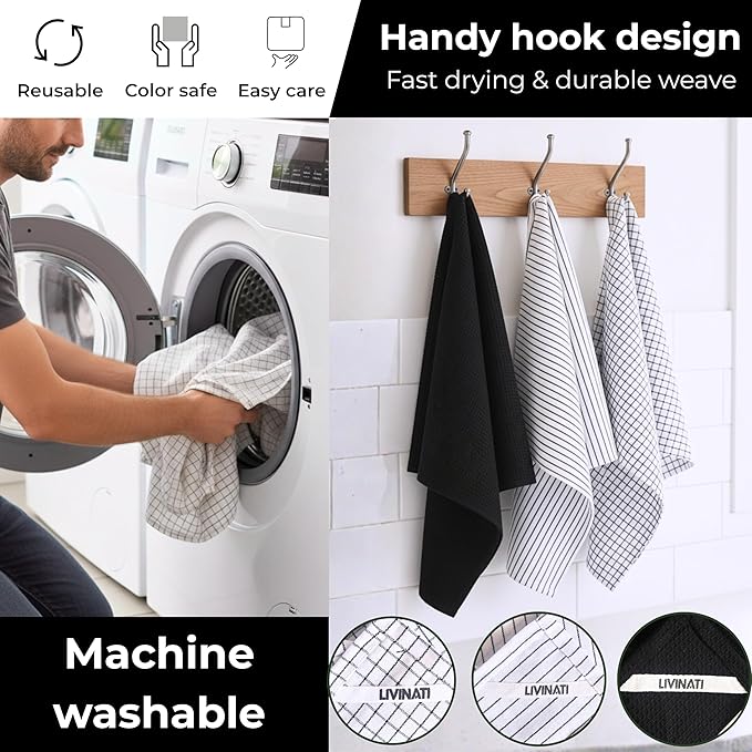 Highly Absorbent Cotton Kitchen Towels for Drying Dishes - Set of 6 Dish Towels - Narrow Black Stripes Plaid Waffle Dishtowels - 18"X28" Large Lint Free Linen Tea Hand Bulk T Towls