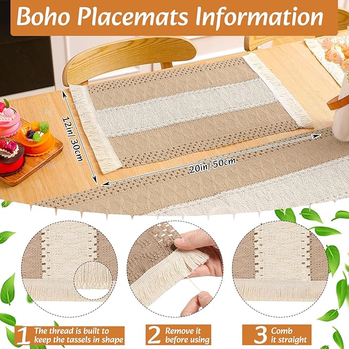Boho Placemats 4/6/8 Set of Round Woven Placemat Macrame Style Bicolor Stitching Long Table Runner Farmhouse Rustic Natural Burlap Cotton for Kitchen Dining Table(6 Sets,Khaki B,12x72)