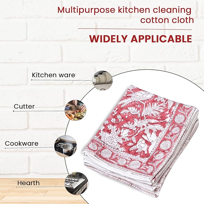 CPC Coral Pink Hand Block Print Waffle Kitchen Towel Set of 3-16 x 28 Inch Ultra Absorbent Quick Dry Cotton Dish Towels Lightweight Reusable Sustainable Tea Towels for Cleaning and Drying