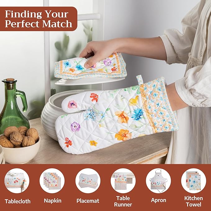 Maison d'Hermine Oven Gloves 100% Cotton Oven Mitt 7" x 13" with Loop Heat Resistant BBQ Cooking Gloves Baking Grilling Gifts for Mothers Day Spring/Summer (Pack of 1, Summer Whisper)