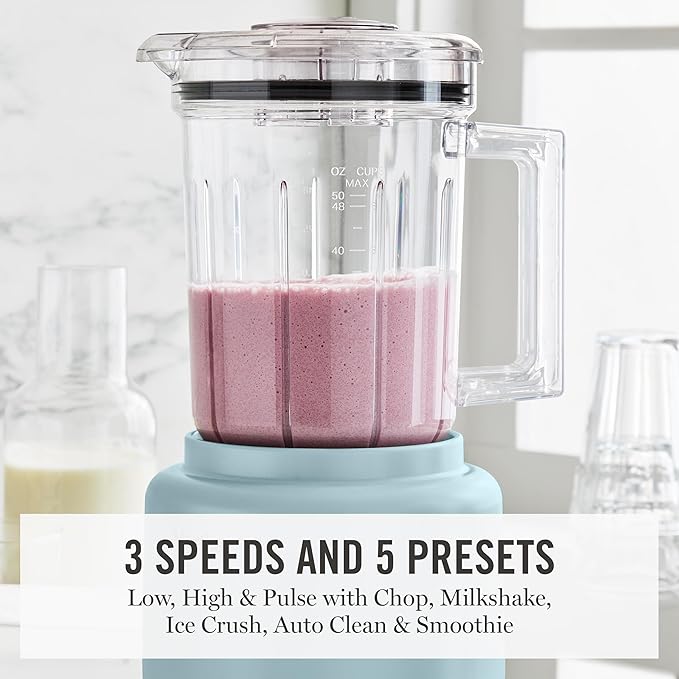 Martha Stewart Countertop Blender, 50oz Jar, 6 Stainless Steel Blades 3 Speeds & 5 Presets, Auto Clean, Smoothies, Crush Ice, Shakes, Chop, Margarita, Measurement Markings, 700W, Sky Blue