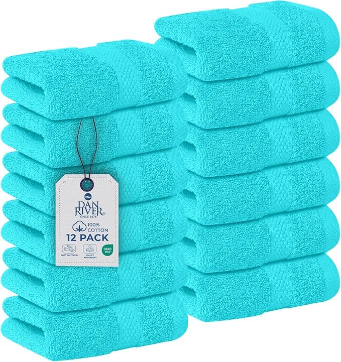 DAN RIVER 12-Pack Premium 100% Cotton Aqua Face Towels for Bathroom - Reusable Face Wash Cloths for Showering 12x12 Inches - 550 GSM Super Soft & Absorbent Luxury WashCloths for Body, Spa & Gym