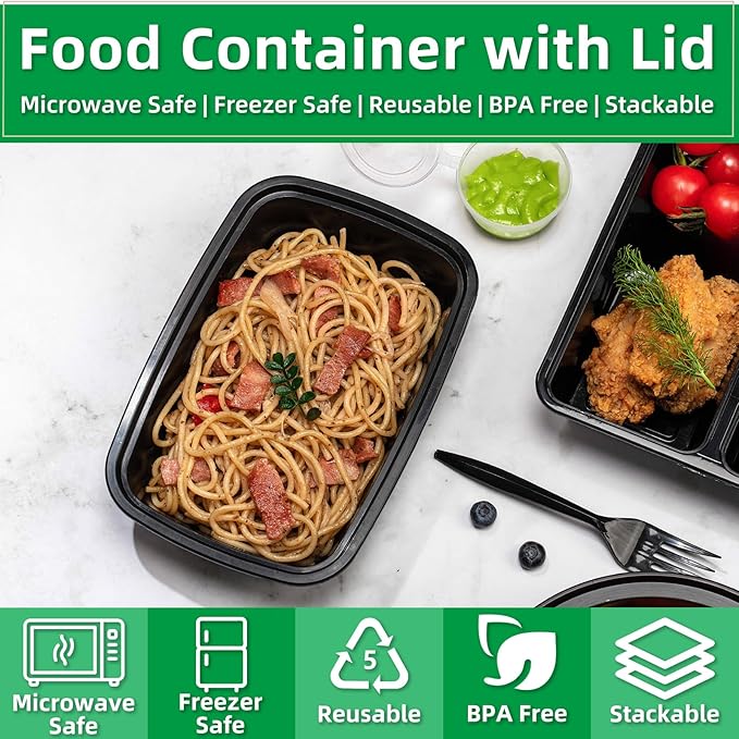 Meal Prep Containers Reusable 50 Pack-28 oz Food Storage Containers with Lids To Go Food Container Takeout, Microwave Dishwasher Freezer Safe, BPA Free, Plastic Containers (Black, Square)