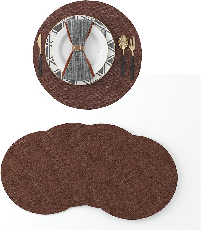 Set of 4 Round Placemat 15 Inch Soft Linen eco-Friendly Fabric Handcrafted Machine Washable Indoor & Outdoor Tablemat Coffee Brown