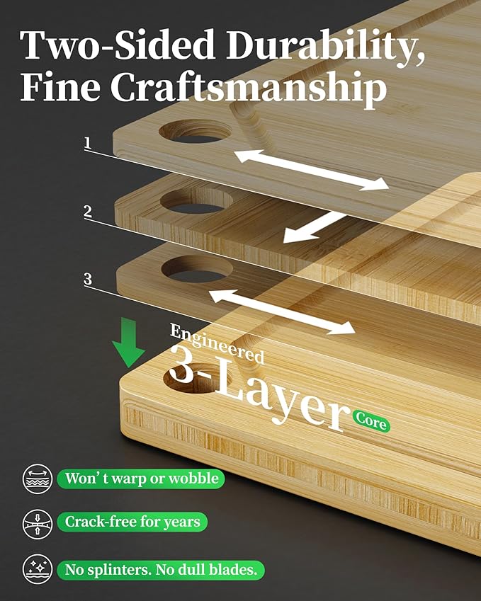 Kitchen Cutting Board Set - 3-Piece Wooden Cutting Boards for Kitchen with Juice Groove, Handles, Hang Holes, Stylish Kitchen Essentials for Chpping & Serving, Natural, 0.4"Th - (L+M+S)