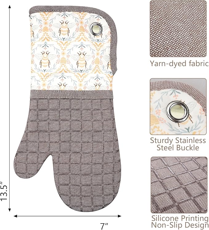 Silicone Printing Oven Mitts Heat Resistant to 500 Degree,Yarm-Dyed Oven Gloves with Animal Design Non-Slip for Kitchen Cooking Barbecue Baking and Machine Washable. (Khaki Oven Mitts)