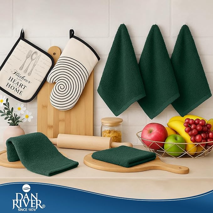 DAN RIVER Kitchen Bar Mops,Pack of 12,16 by 19 Inches,100% Cotton Super Absorbent,Multi-Purpose Cleaning Towels for Home and Kitchen Bars-Huntergreen