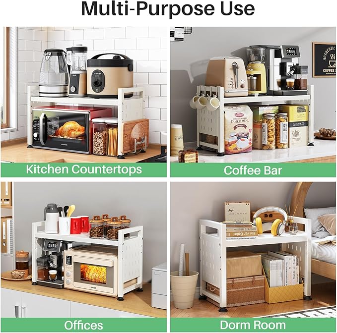Microwave Stand, 2-Tier Expandable(17.4"-27.4") Microwave Oven Rack, Heavy Duty Adjustable Shelf with 9 hooks, Kitchen Organizer Storage Shelves for Pantry, Countertop, Coffee Bar, Office, Dorm, White