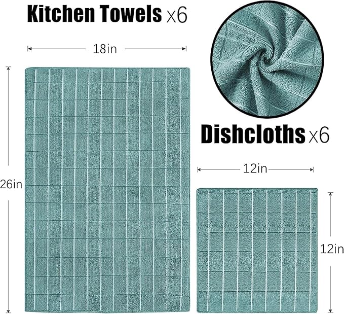 Puomue Microfiber Kitchen Towels and Dishcloths Set, 26 X 18 Inch and 12 X 12 Inch, Set of 12 Bulk Lint Free Dish Towels for Drying Dishes, Lake Blue