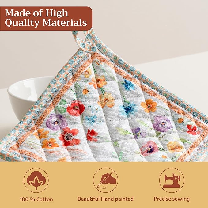 Maison d' Hermine Pot Holders 100% Cotton Heat Resistant Potholders 8" x 8" Hot Pads with Loop BBQ Cooking Baking Gifts for Mothers Day Handling Hot Pans Spring/Summer (Pack of 2, Summer Whisper)