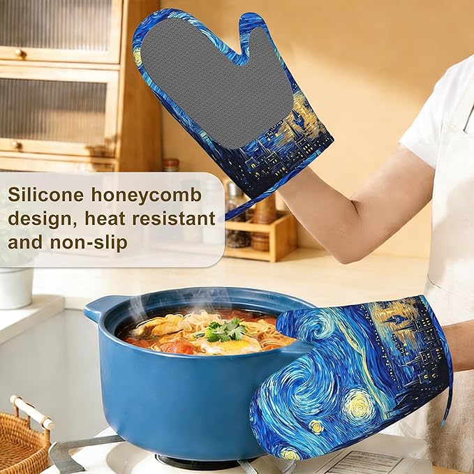 Starry Night Oven Mitts and Pot Holders Set of 4, Heat Resistant Non Slip Kitchen Gloves Hot Pads, Chef Cooking Baking Gifts for Women Bakers, Kitchen Gifts for Cooking Lover Cooks Mom