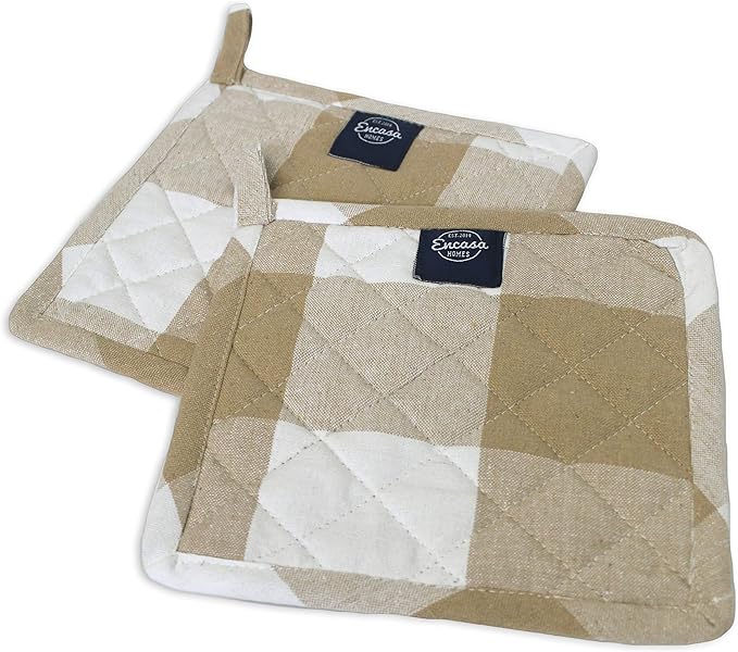 Encasa XO 8 inches Oven Microwave Potholders (2 pc Set) for Kitchen Cooking & Baking - Heat Resistant, Thick & Safe, Protection of Hands from Hot Utensils - Buffalo Beige Checks