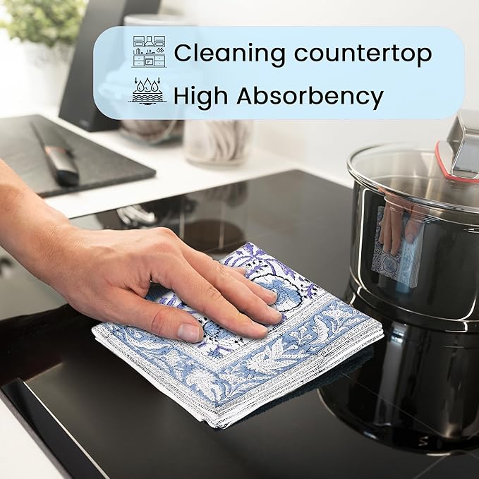 CPC Indigo Blue Hand Block Print Waffle Kitchen Towel Set of 3-16 x 28 Inch Ultra Absorbent Quick Dry Cotton Dish Towels Lightweight Reusable Sustainable Tea Towels for Cleaning and Drying