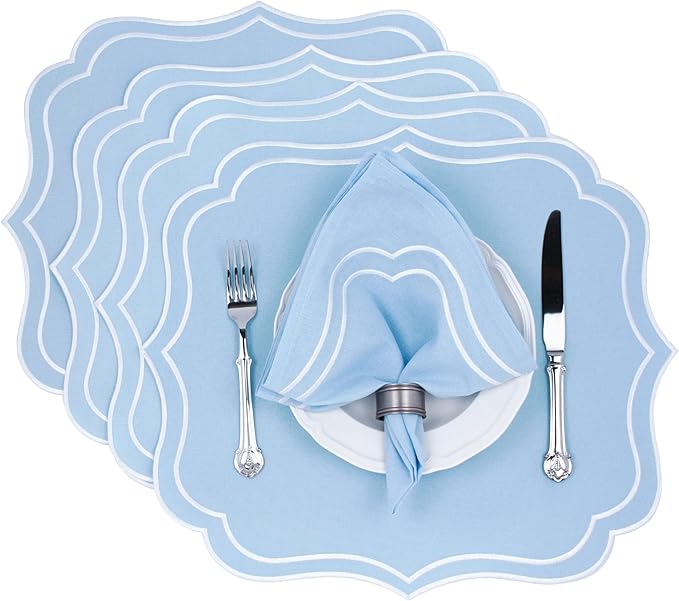 Cotton Linen Placemats Set of 4 - Double Layered, Machine Washable, Scalloped & Embroidered Cloth Table Mats - Wedding, Spring, Summer Mat, 19 x 17 inch, Light Blue