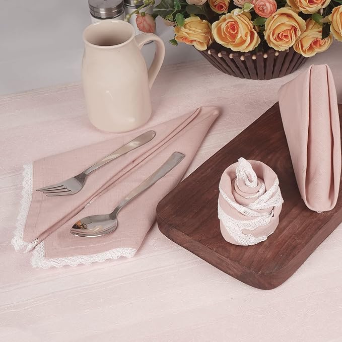 Fingercraft Dinner Cloth Napkin Cotton Linen Set of 12 Mitered Corners with Natural Elegant Lace for Everyday Use Napkins are Pre Shrunk and Good Absorbency with Lace 20x20 in Dusty Pink Easter Color