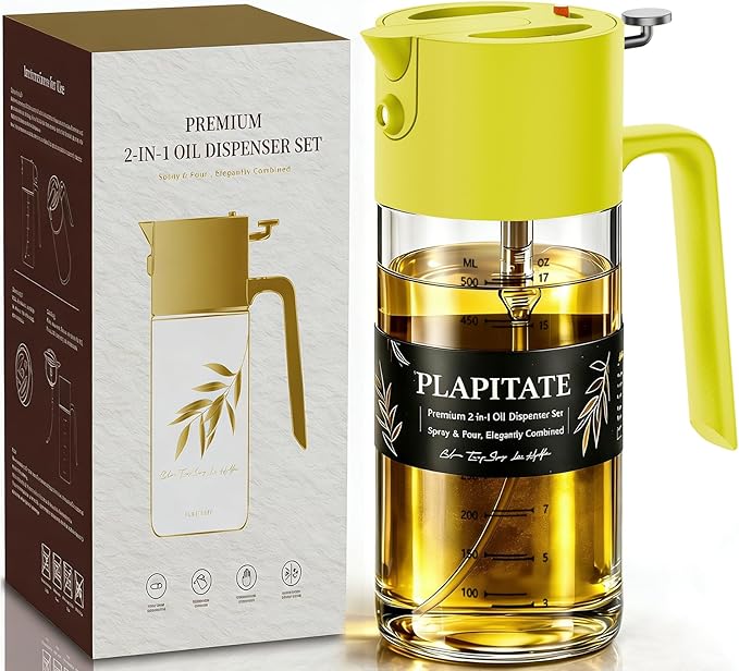 PLAPITATE 17oz/500ml Premium Olive Oil Sprayer for Cooking, 2 in 1 Glass Olive Oil Dispenser Bottle for Kitchen Gadgets, Spray Bottle with Portion Control for Salad, Frying, BBQ (Lime Yellow)