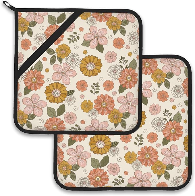 Retro Boho Groovy Flower Pot Holder Set of 2,Heat Resistant Potholders Oven Hot Pads for Kitchen Cooking Baking BBQ