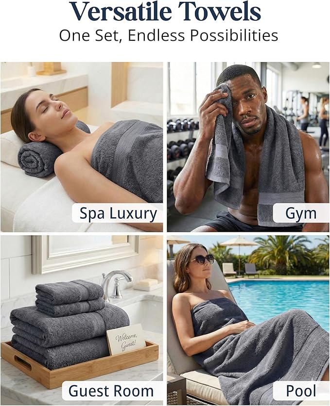 LANE LINEN 100% Cotton Bath Towels Set - 24 PCs - Durable, Quick Dry, Super Soft & Highly Absorbent - 4 Bath, 4 Fingertip, 6 Hand Towels, 8 Washcloths, 2 Bath Sheets - Perfect Family Set - Cool Grey