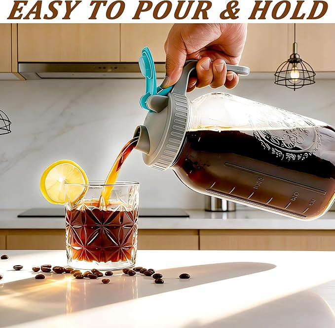 Mason Jar Cold Brew Coffee Maker 64 OZ ( 2 Quart ) Wide Mouth Cold Brew Pitcher With Stainless Steel Fine Mesh Filter Airtight & Leakproof Mason Jar Pitche For Coffee, Iced Tea, Sun Tea, Lemonade
