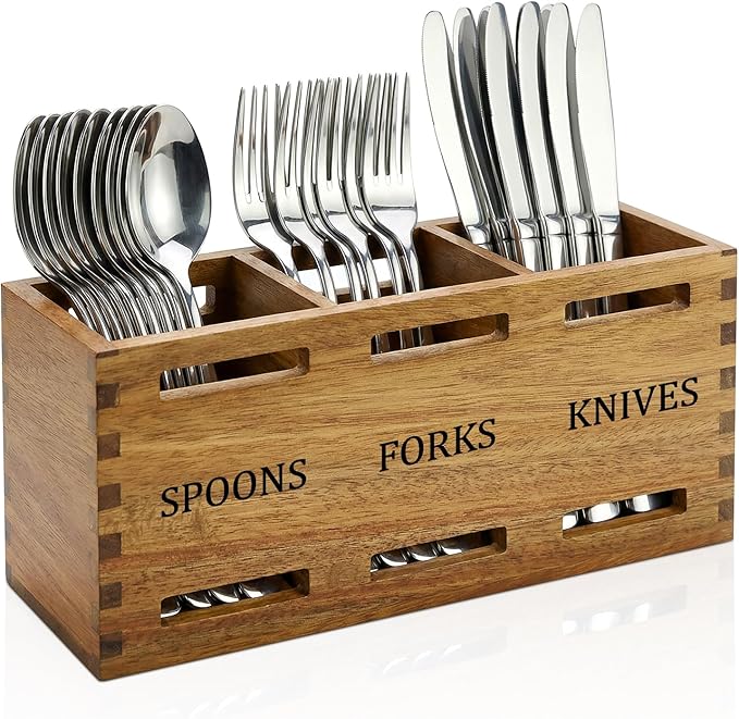 Farmhouse Wooden Silverware Caddy Party Flatware Cutlery Holder Acacia Wood Utensils Holders for Kitchen Counter Cutlery Silverware Organizer Table Spoon and Fork Holder Flatware Utensil Caddy