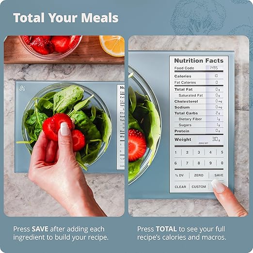 Greater Goods Digital Nutrition Scale – Accurate Macro and Calorie Tracking for Meal Prep, Weight Loss, and Healthy Eating | 2,000 Built-in Foods, Intuitive Nutrition Label Display, 11lb Cap, Blue