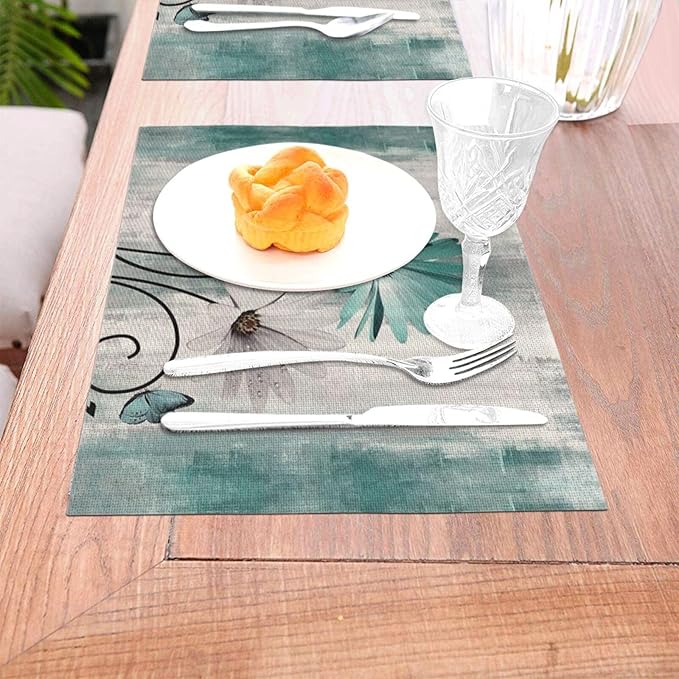 Floral Place mats Set of 4, 12x18 Inches Teal Blue Daisy Flower Decorative Rectangle Table Mats for Party Home Kitchen Dining Table Decoration