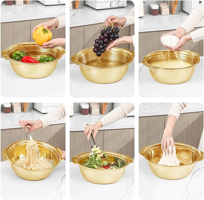 304 Stainless Steel Microporous Colander with Handle, Rice Washers Microporous Strainer Set For washing vegetables, fruits and rice, and draining cooked pasta(2.5QT with handle-Gold)