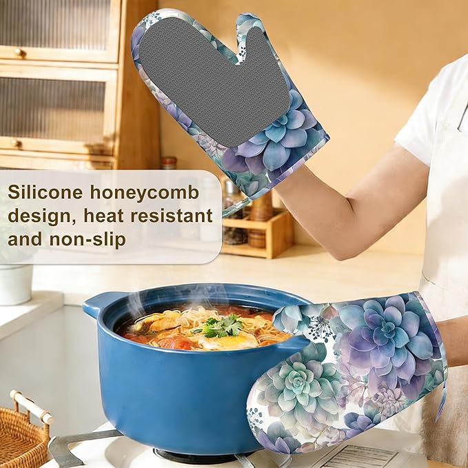 Succulent Botanical Floral Oven Mitts and Pot Holders Sets of 4, Heat Resistant Silicone Oven Mitts Gloves Non-Slip Kitchen Mittens Potholders for Cooking Baking Grilling BBQ