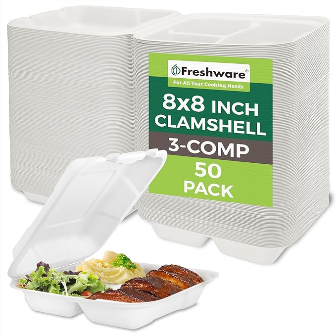 Freshware Compostable Clamshell Food Containers [8x8"] 3-Compartment 50-Pack, Disposable Containers, Biodegradable Sugarcane To Go Boxes - Paper Food Containers - Microwave & Freezer Safe, Stackable