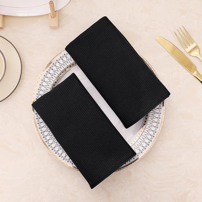 Homaxy 100% Cotton Waffle Weave Dish Cloths - 24 Pack Soft and Absorbent Dish Towels - 12 x 12 Inches Quick Dry Dish Rags - Black