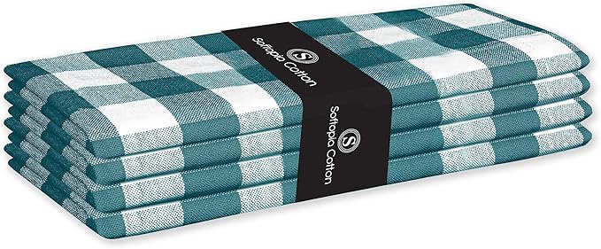 Cloth Napkin 100% Cotton Set of 4 Decorative Gingham Buffalo Check Plaid Washable Table Napkins for Dining, Home, Wedding, Banquet - Teal White (18”X18”)