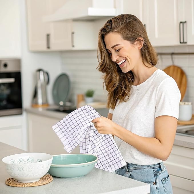 Homaxy 100% Cotton Kitchen Towels 8 Pack-15 X 25 Inches, Check Design Waffle Weave Hand Tea Towels, Super Soft and Absorbent Dish Towel for Drying Dishes, Purple