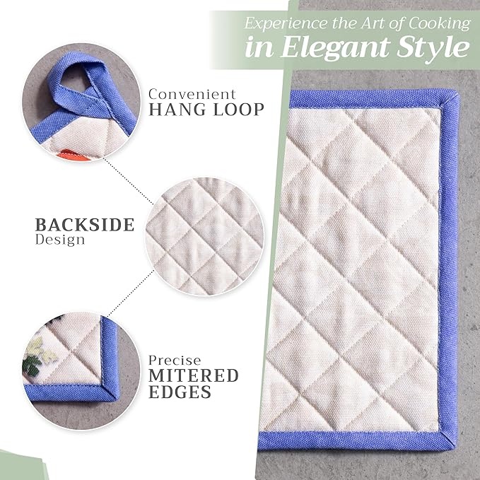 Maison d' Hermine 100% Cotton Oven Mitt & Pot Holder Set (7.5"x13" & 8"x8") Heat Resistant BBQ Cooking Gloves with Loop Baking Grilling Kitchen Gifts for Mothers Day Spring/Summer (Gourmand)