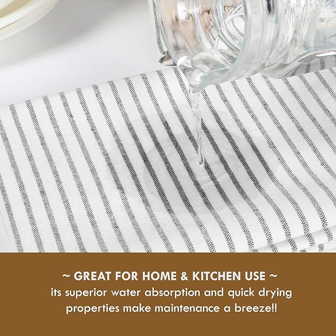 TWINY threads Set of 4 Vintage Stripe Kitchen Towels (18x26 Inches) Premium Tea Towels with Hanging Loop, Highly Absorbent 100% Cotton Bulk Kitchen Hand Towels for Drying Cleaning - Black