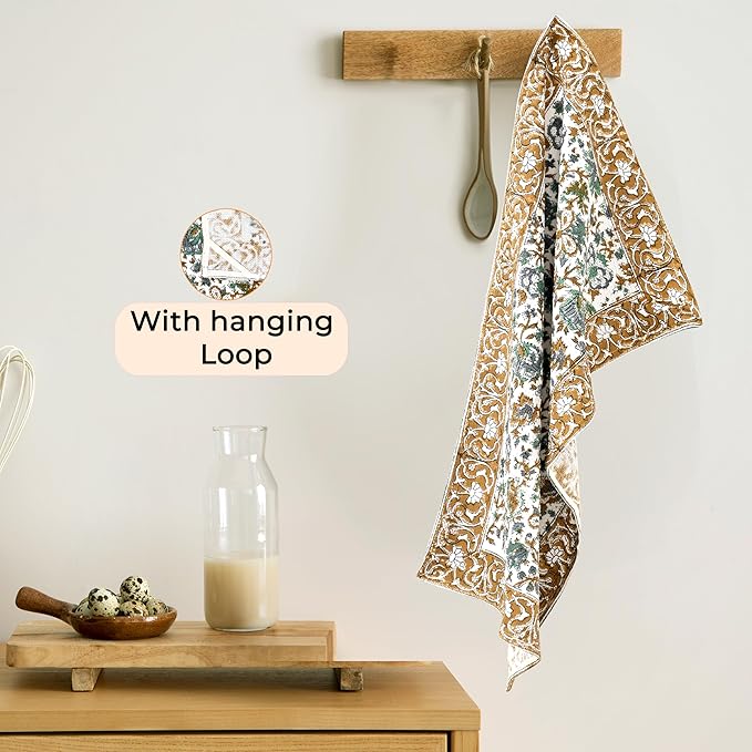 CPC Harvest Bloom Hand Block Print Waffle Kitchen Towel Set of 3-16 x 28 Inch Ultra Absorbent Quick Dry Cotton Dish Towels Lightweight Reusable Sustainable Tea Towels for Cleaning and Drying