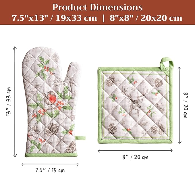 Maison d' Hermine 100% Cotton Oven Mitt & Pot Holder Set (7.5"x13" & 8"x8") Heat Resistant BBQ Cooking Gloves with Loop for Thanksgiving Christmas Decorations Handling Hot Pans (Christmas Dew)