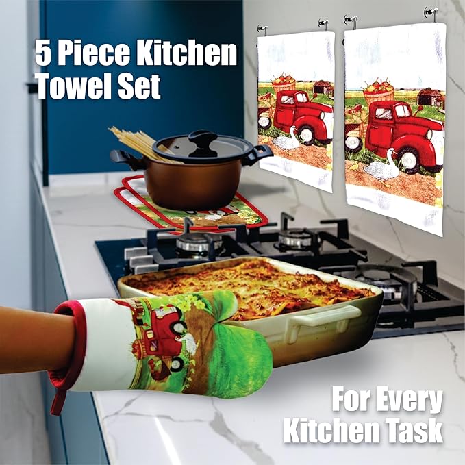 Lobyn Value Packs: 5 Piece Kitchen Towel Set with Vintage Red Truck Design, 2 Decorative Dish Towels (25 X15), 1 Oven Mitt (11 X 7) and 2 Potholders (6.5 X 6.5) for Countryside Elegance