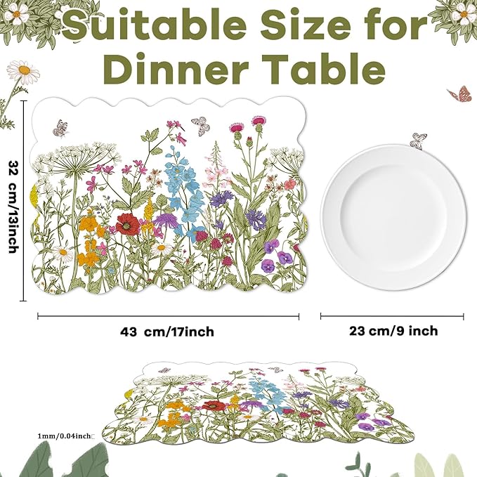 Spring Placemats Set of 6 Flower Plastic Table Mats Wild Flowers Place Mats Retro Flower Table Decoration for Indoor Outdoor Party Kitchen Dining Decoration