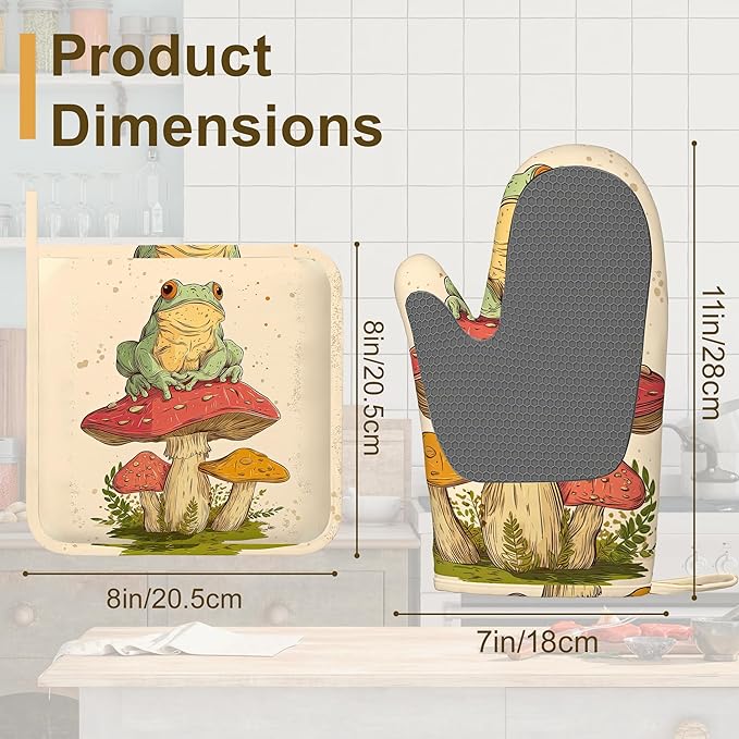 Green Frog Oven Mitts and Pot Holders Sets,Silicone Mushroom Kitchen Mitts Potholders Heat Resistant 4Pcs Oven Gloves Hot Pads for Kitchen Baking Cooking