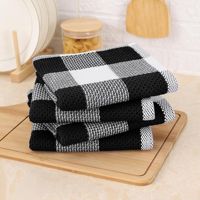 Mordimy 100% Cotton Waffle Weave Kitchen Towels, 13 x 28 Inches, Super Soft and Absorbent Buffalo Check Dish Towels for Drying Dishes, 6-Pack, Black & White