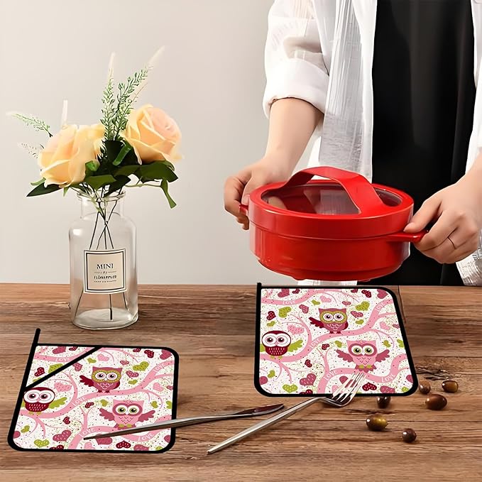 Owl Heart Pot Holders 2 PCS,Pink Branch Kitchen Heat Resistant Hot Pads for Cooking Grilling Baking BBQ, Pot Holders for Women Cook Home Microwave